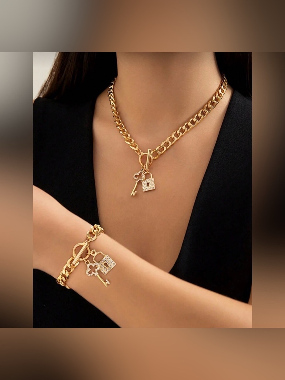 Lock & Key Necklace and 2pc Bracelet Set
